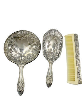 Vintage 3 piece Dresser Vanity Set Silver Plated Mirror, Brush and Comb
